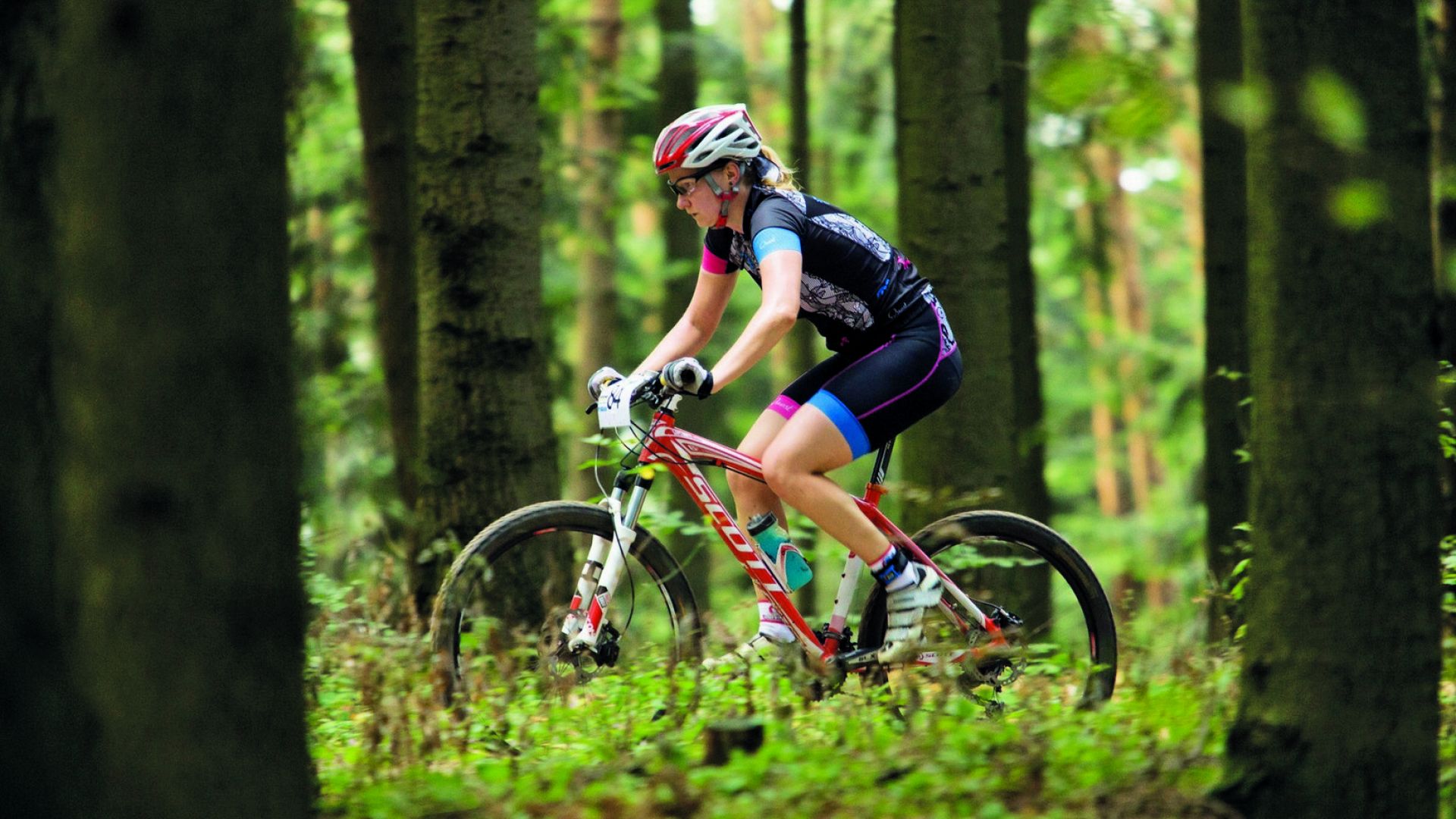 Kobieta w profesjonalnym stroju kolarskim pokonuje na rowerze leśną trasę terenową. Do kierownicy ma przypięty numer startowy. Wokół drzewa.